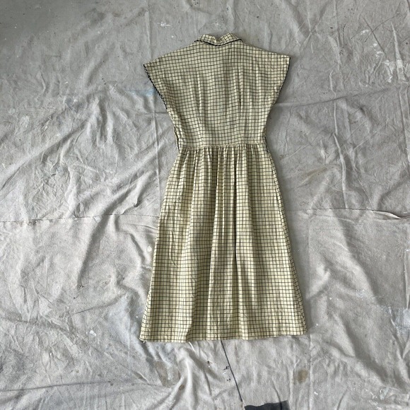 1940s Ivory/Black Cotton Checker Print Peter Pan Collar Day Dress Pockets RicRac - Picture 7 of 8